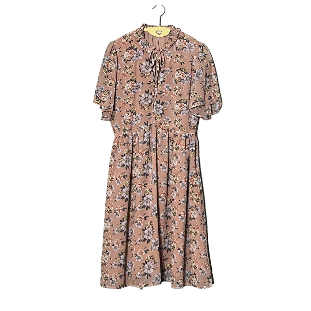 Women’s Vintage Mauve Pink Floral Frill Collar Self-tie Bow A-lined Midi Dress